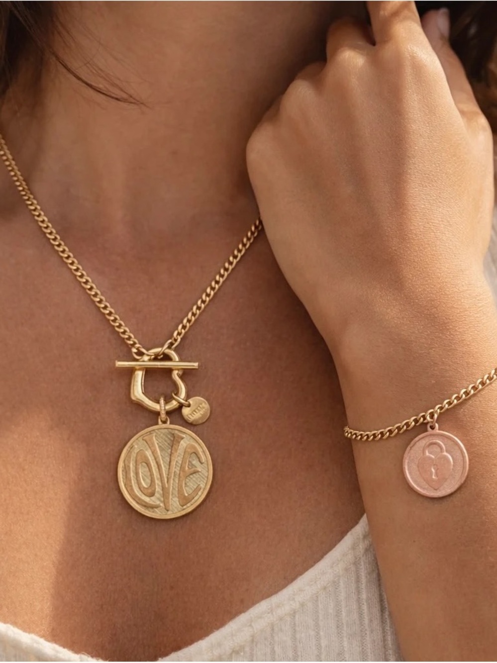 Warm Brass 'Love' Pendant Necklace and Lock Charm Bracelet Twisted Silver Set